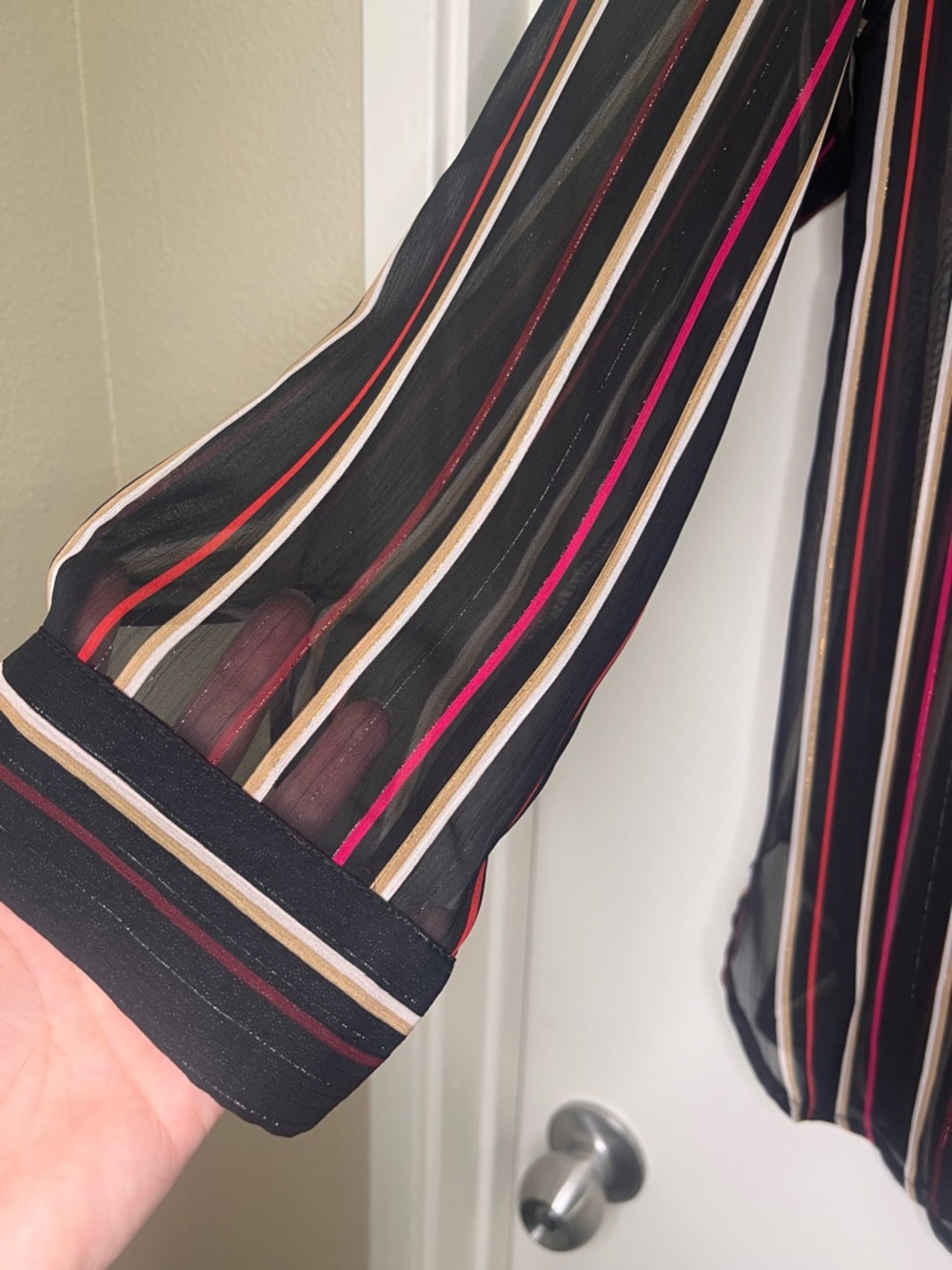 Vince Camuto Sheer Striped Blouse Size M Black Pink Gold Button Front Top - Picture 3 of 8